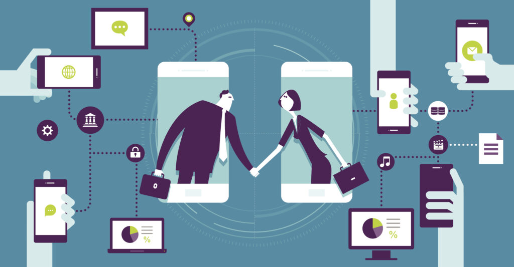 Two figures shaking hands across smartphones in a channel partner sales agreement.