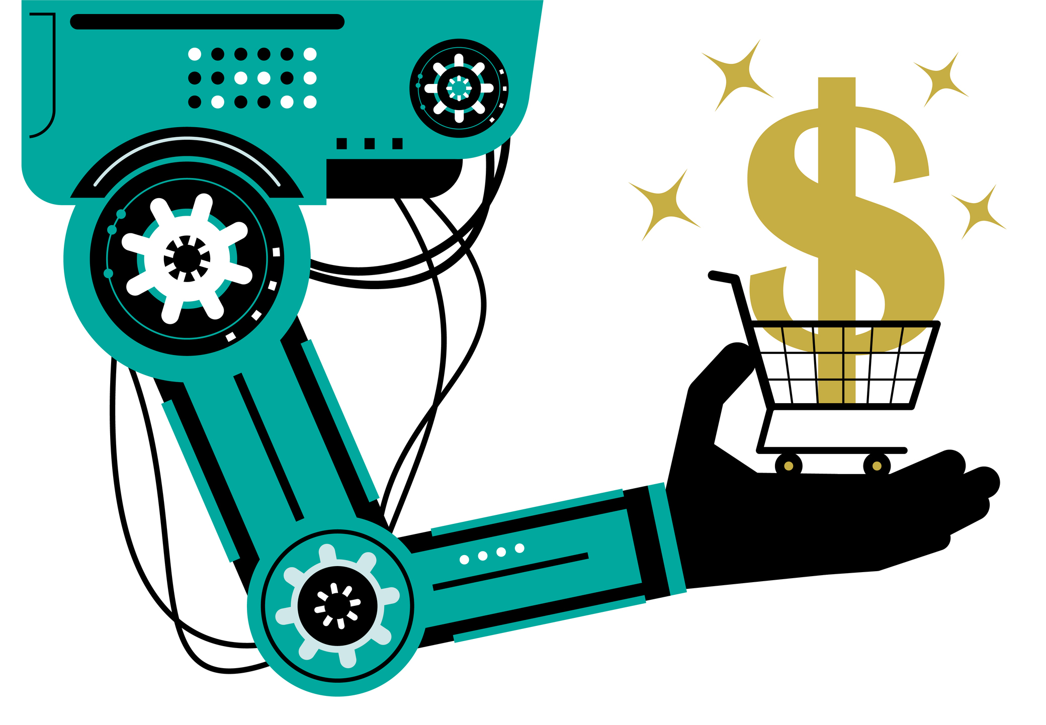 A sales automation robot arm holding a shopping cart with a dollar sign inside