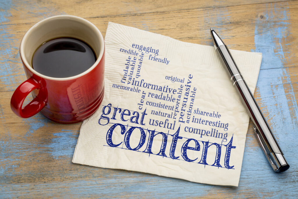 Content marketing for lead nurturing written on a napkin next to a coffee mug