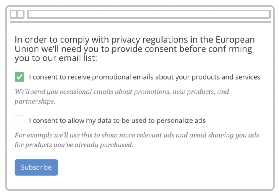 Screenshot of a GDPR consent form shown to people when subscribing to an email list powered by ConvertKit.