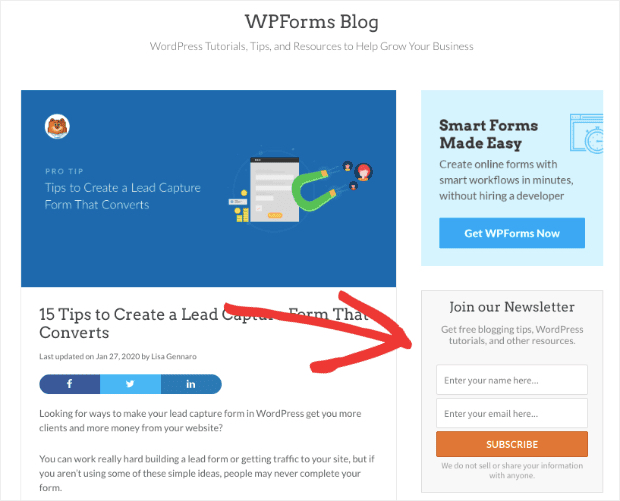 Example of a sidebar lead capture form with simple copy and fields requesting basic information from WPForm's website.