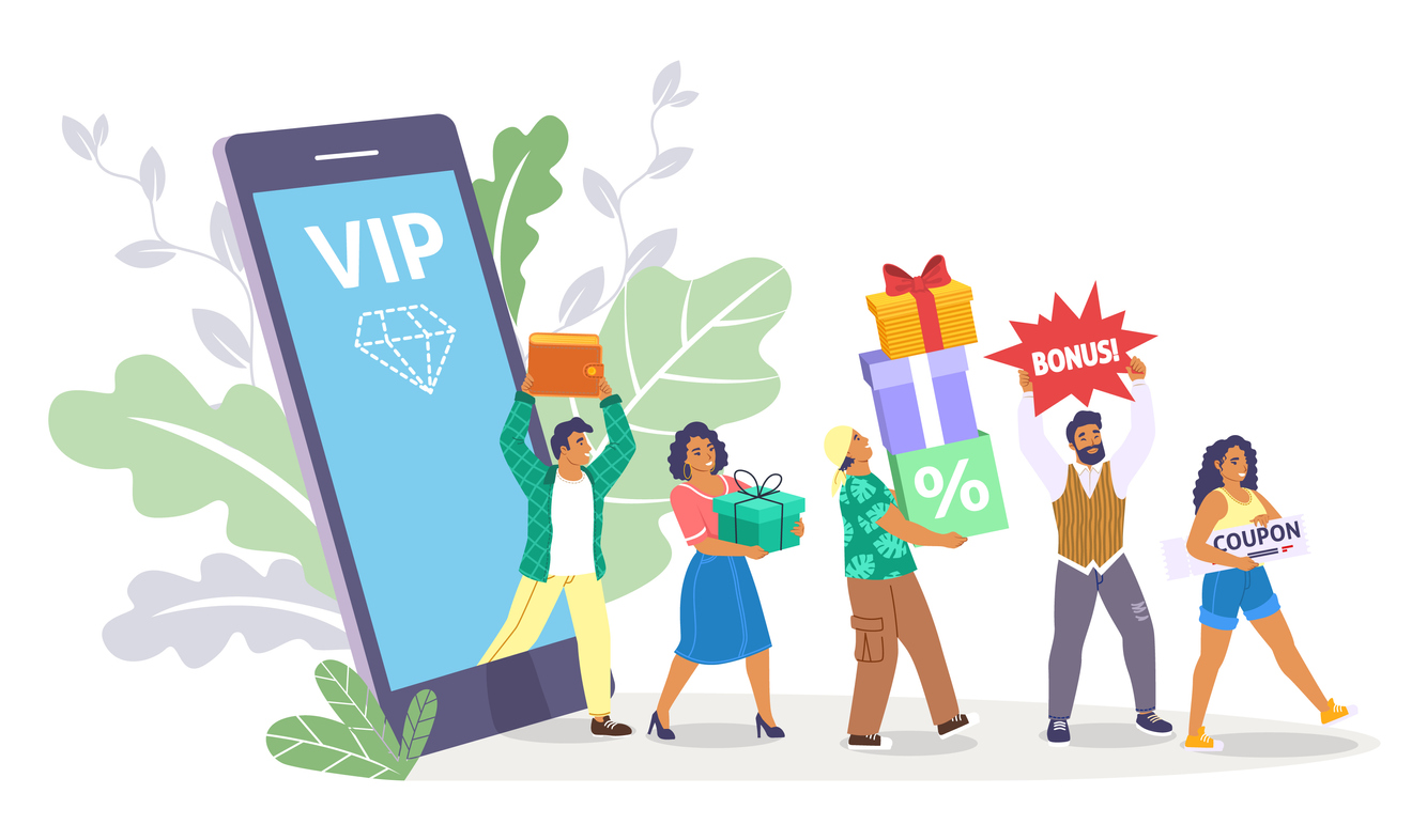 VIP loyalty program for B2B customers on a mobile device with customers walking away with rewards